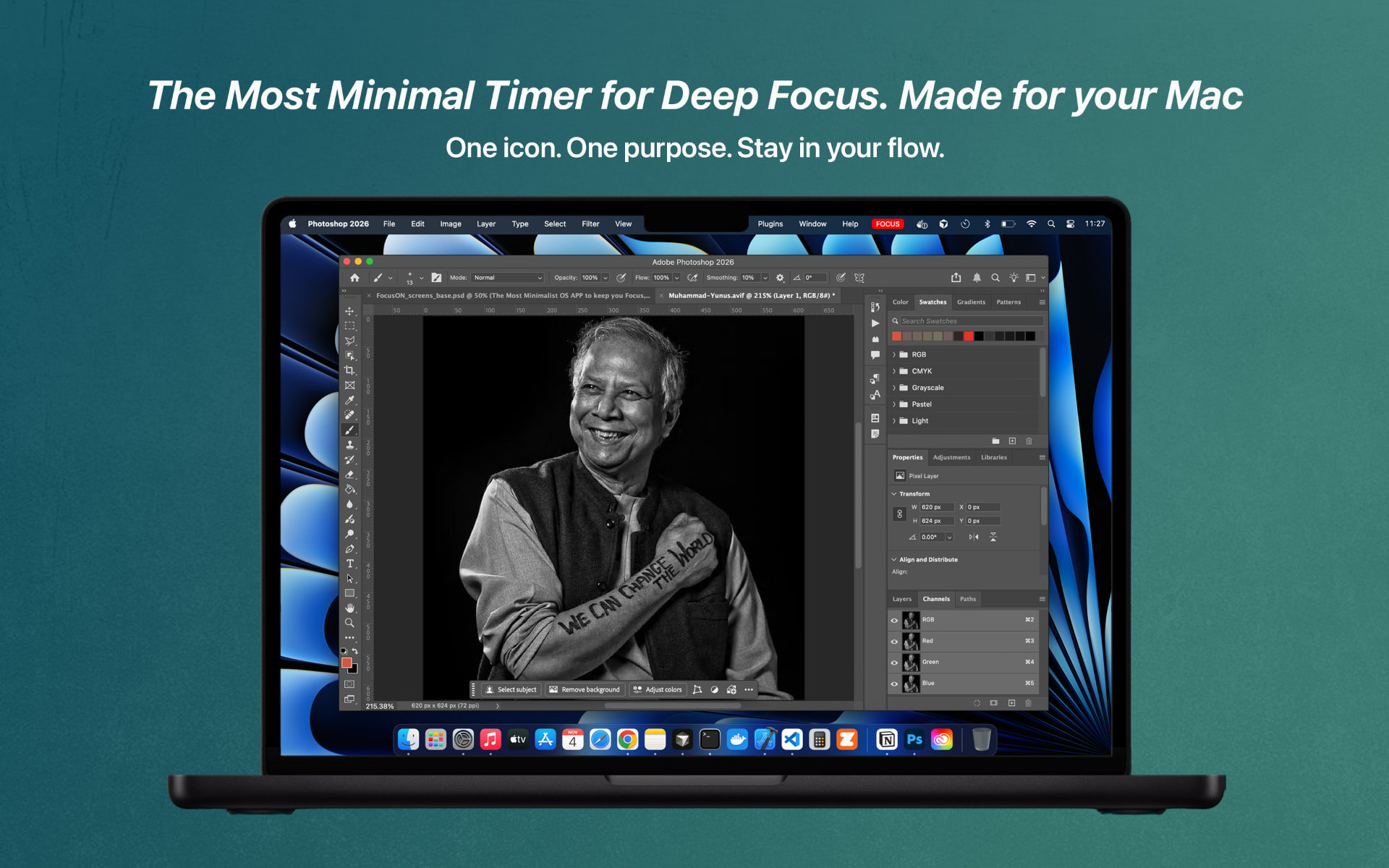 FocusON minimalist timer shown on a Mac laptop