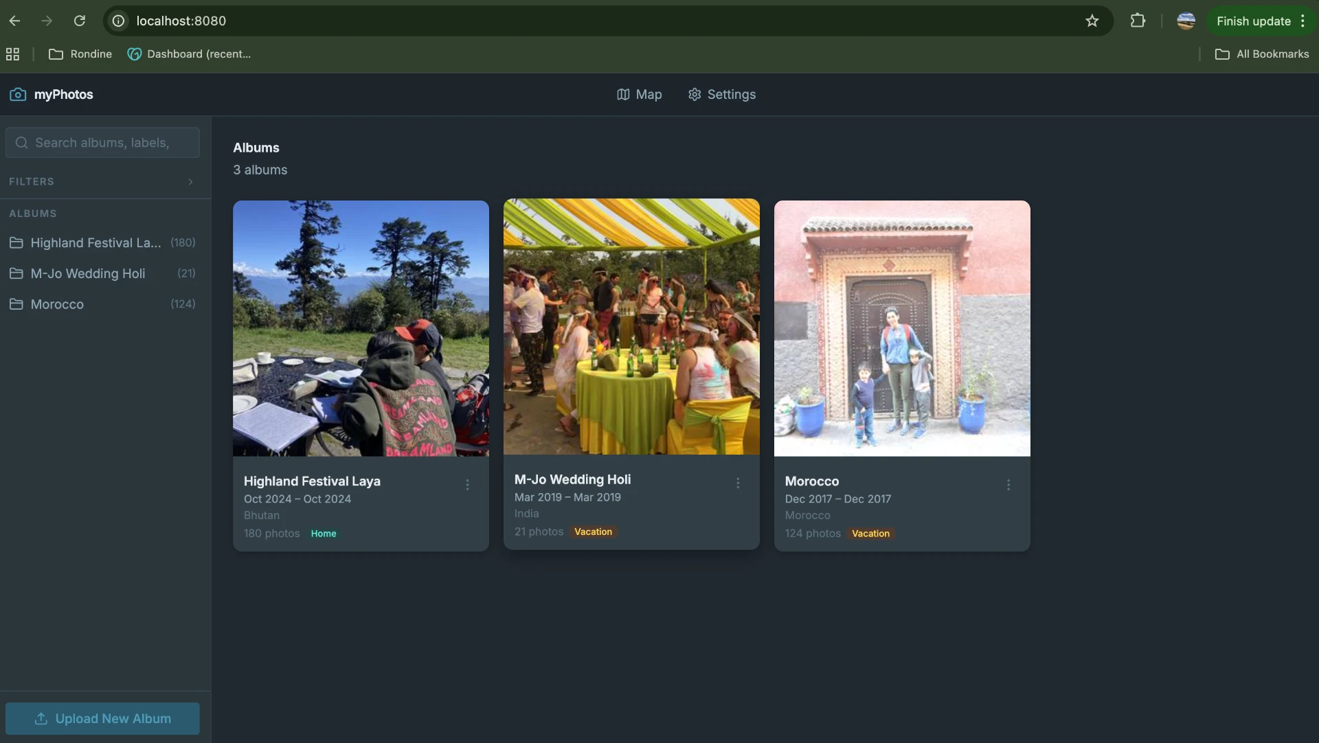 myPhotos album interface showing three photo collections